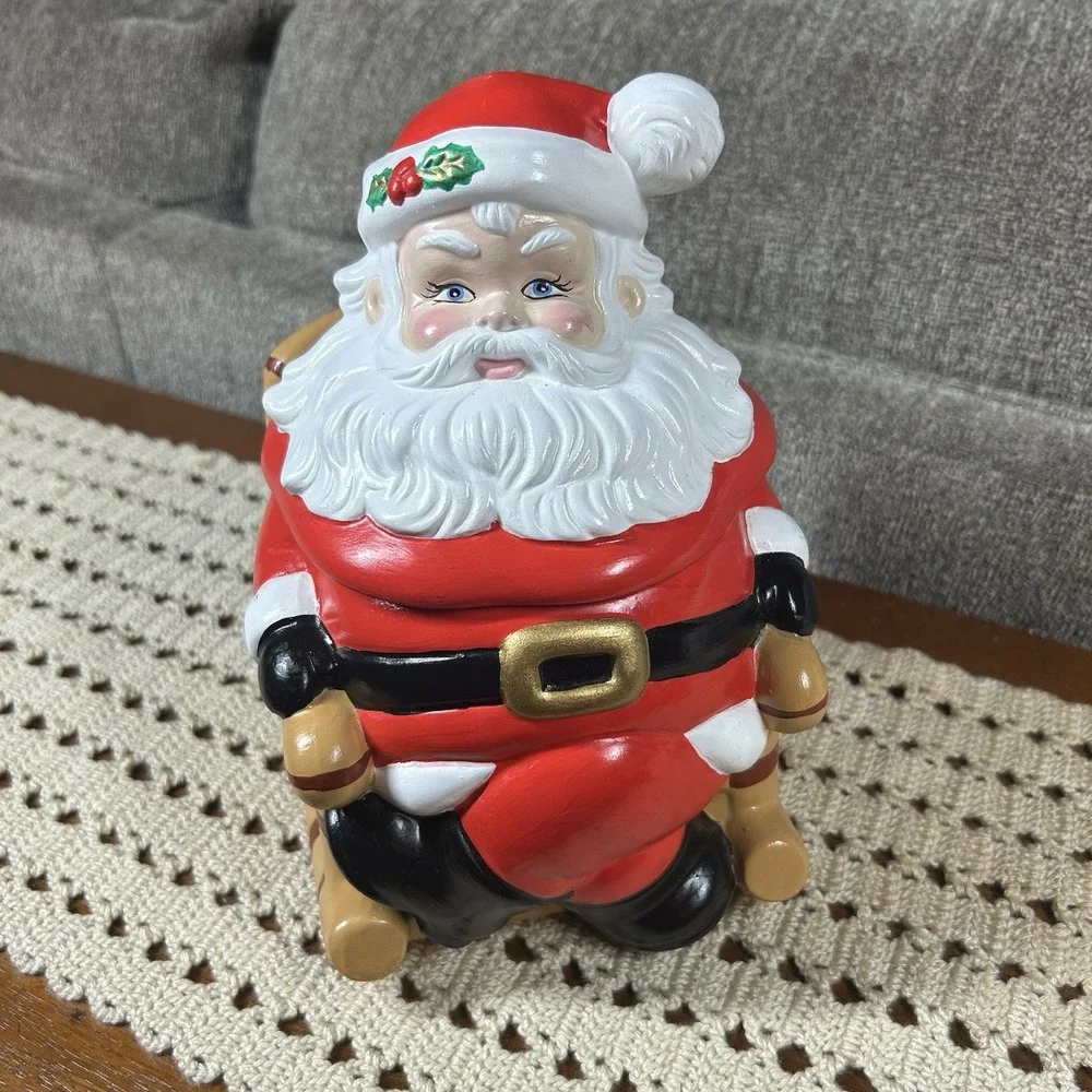 Vtg Ceramic Santa Claus in Rocking Chair Gingerbread Cookie Candy Jar Musical